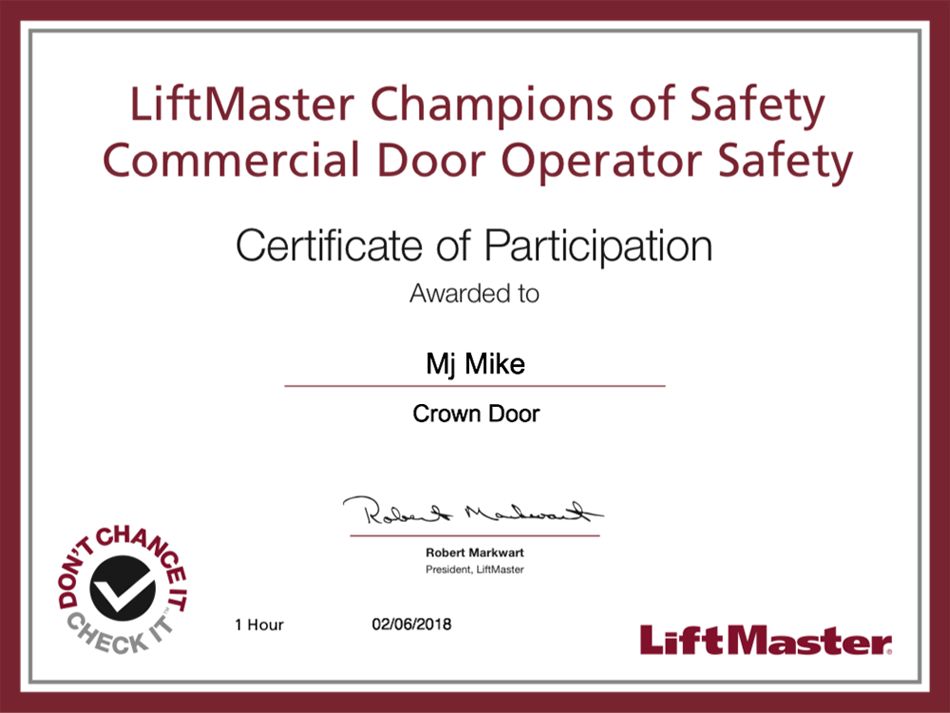 crown door gate certification